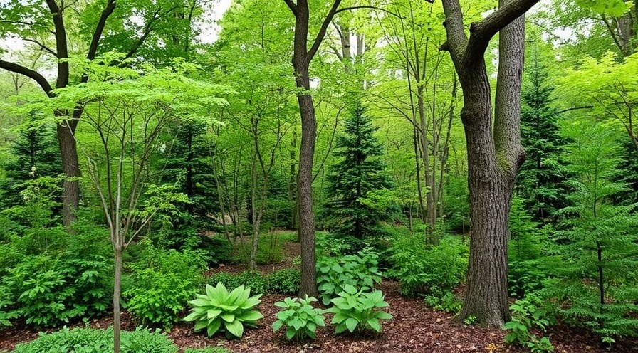 Dense mini ecosystem with native trees and shrubs in a natural woodland setting.
