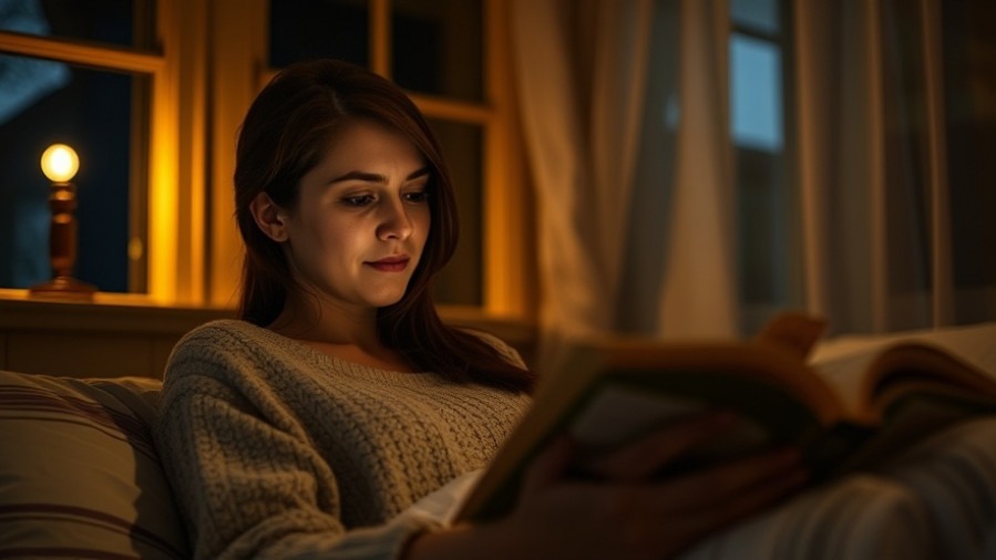 A tranquil nighttime scene of an adult female reading under warm lamp light.