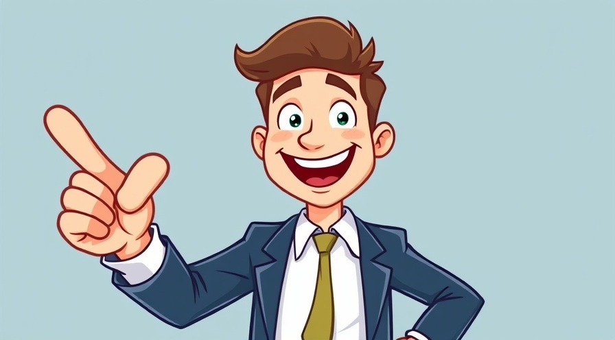 Smiling business character in cartoon style pointing upward for inspiration.