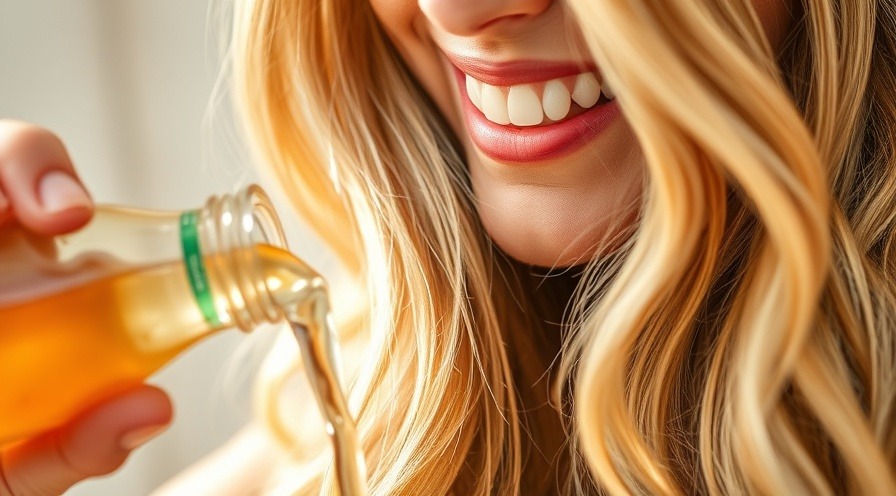 Joyful woman pouring clear rinse over healthy hair, celebrating apple cider's beauty.