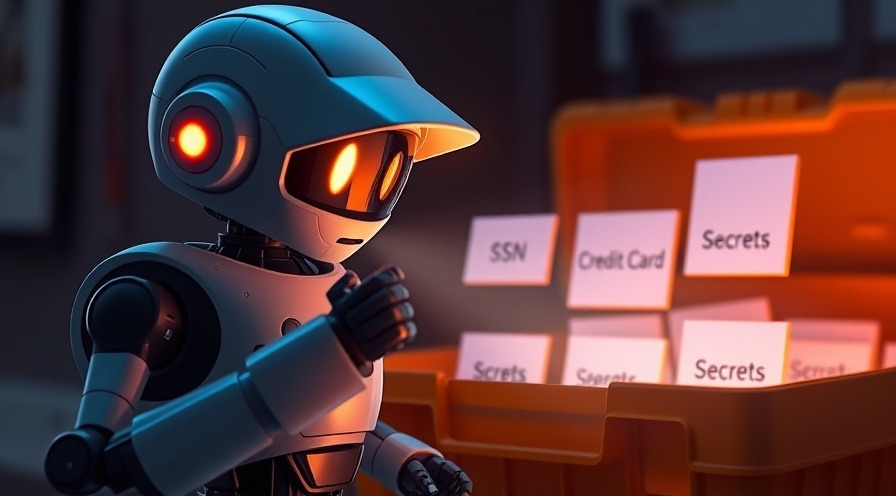 A digital detective robot (AWS Macie) shining a flashlight over files in a glowing S3 bucket.