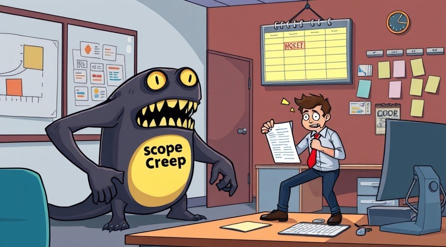 Cartoon monster 'Scope Creep' invading office, as project manager holds plans.