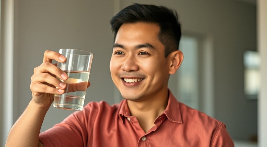 Smiling man with a glass of water, showcasing hydration tips for optimal water intake.