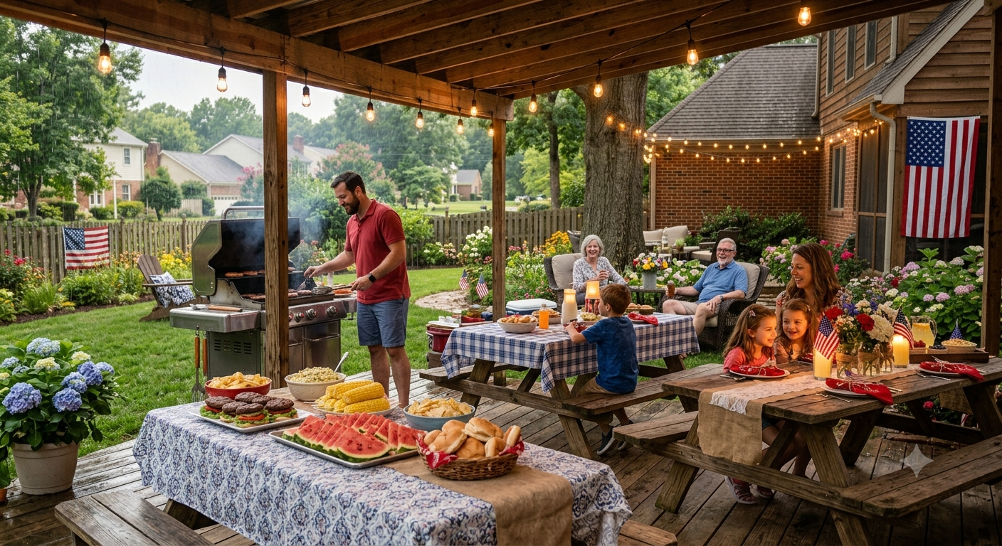 Fourth of July celebration under a backyard covered patio