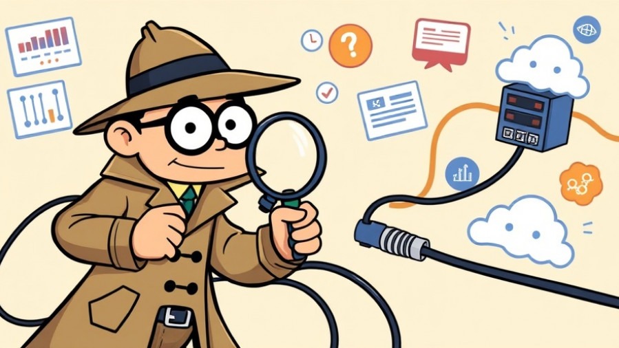 Cartoon detective character 'Network Troubleshooter' inspecting Ethernet cables in fun IT-geek style.