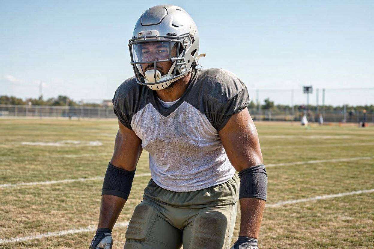 football player practicing on hot day