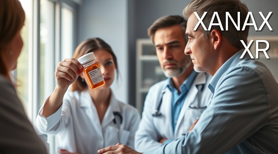 Concerned pharmacist discusses XANAX XR with anxious patient in soft afternoon light.