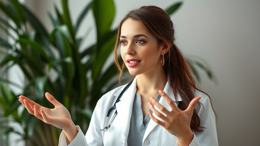 Professional woman in a white coat explaining leptin resistance and hormonal health.