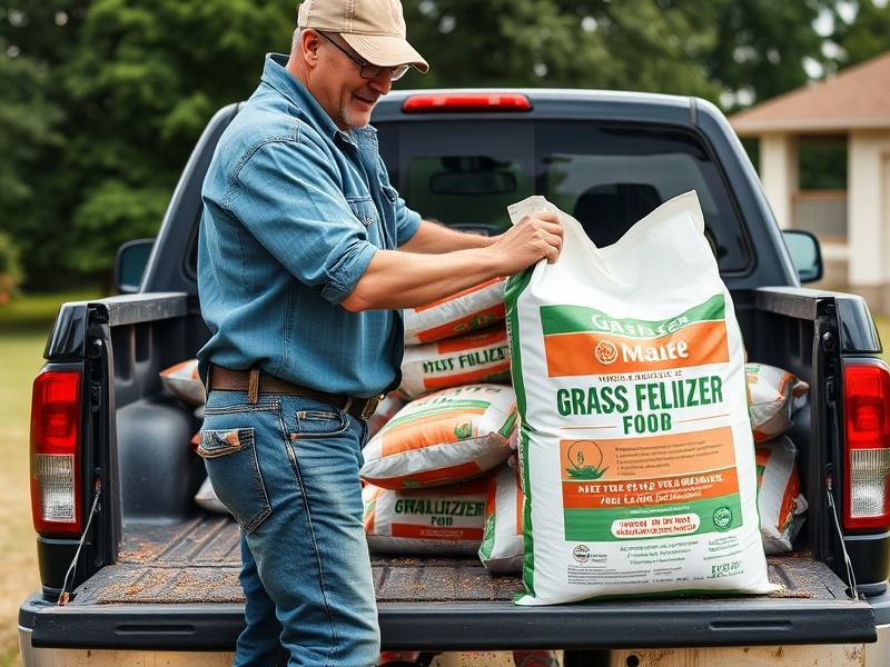 Man unloading 40lb grass fertilizer bags from pickup truck tailgate.