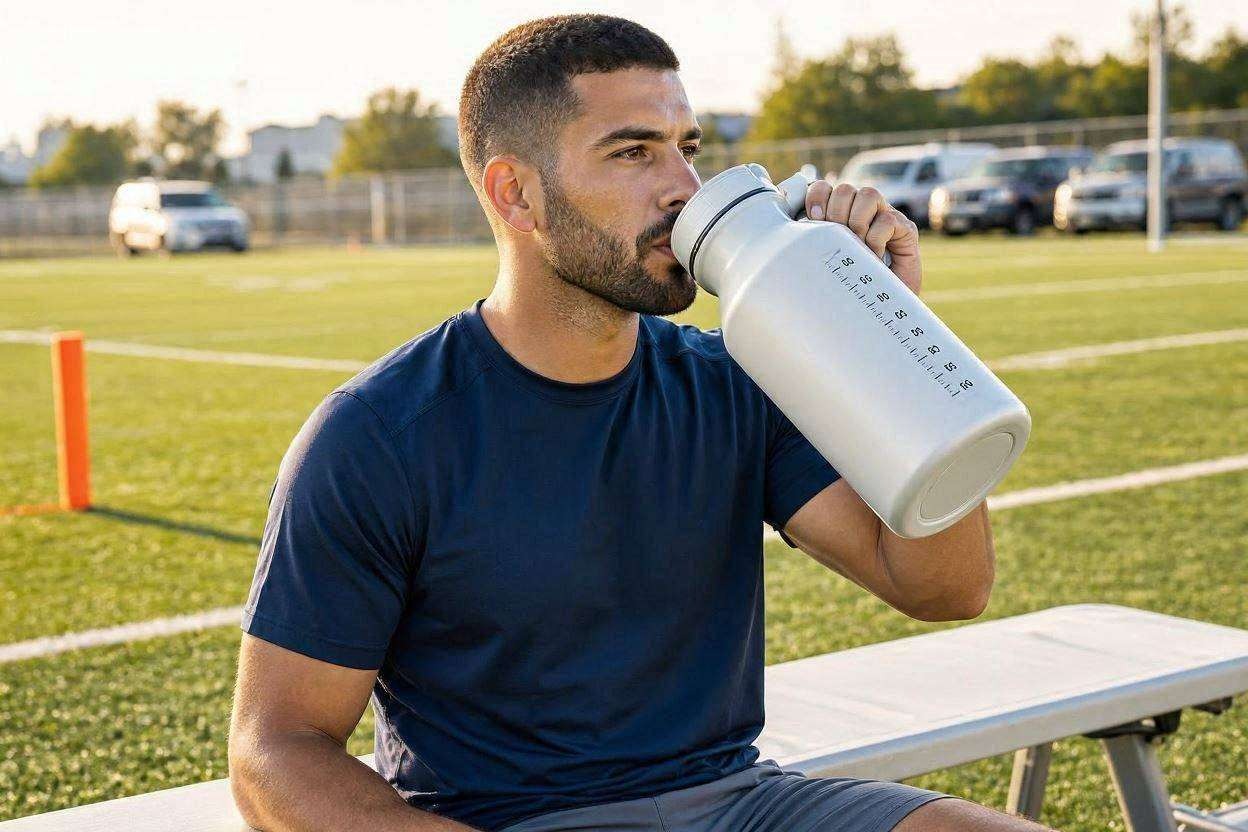 Athlete drinking from insulated water jug