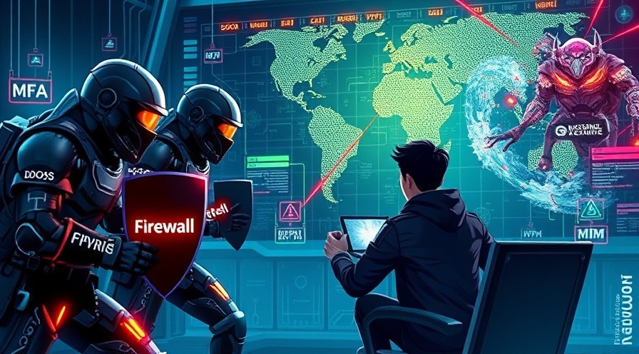 Futuristic hacker battle scene with cyber defenders and digital enemies, showcasing cybersecurity themes.