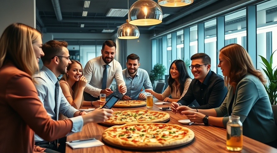 Adult professionals enjoying a pizza party at the office.