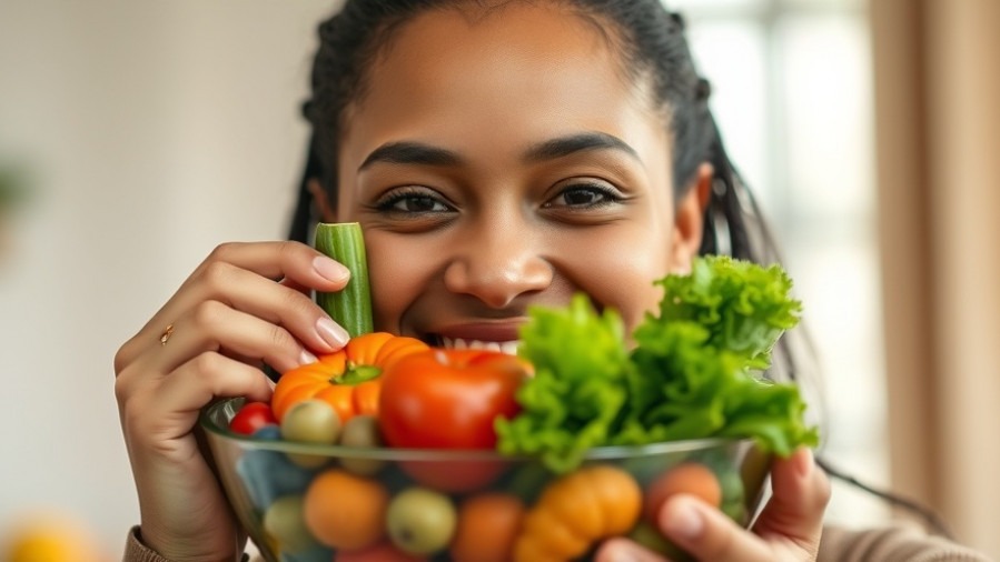 Diverse adult smiling with fresh fruits and vegetables, highlighting eye health superfoods.