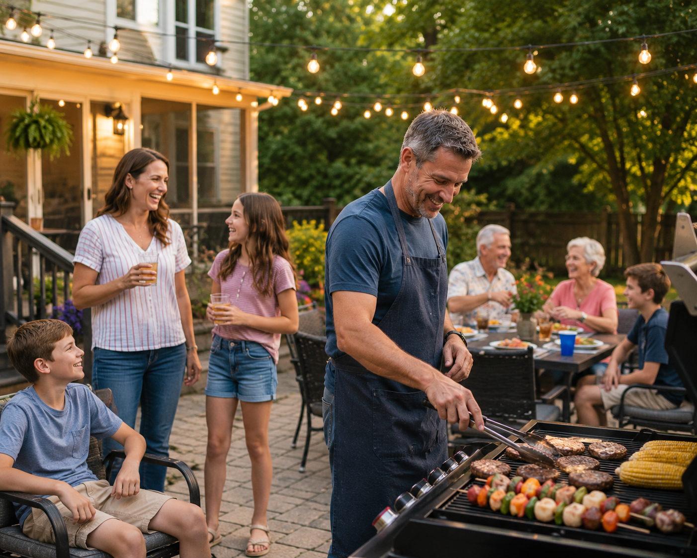 Family backyard barbecue under warm string lights
