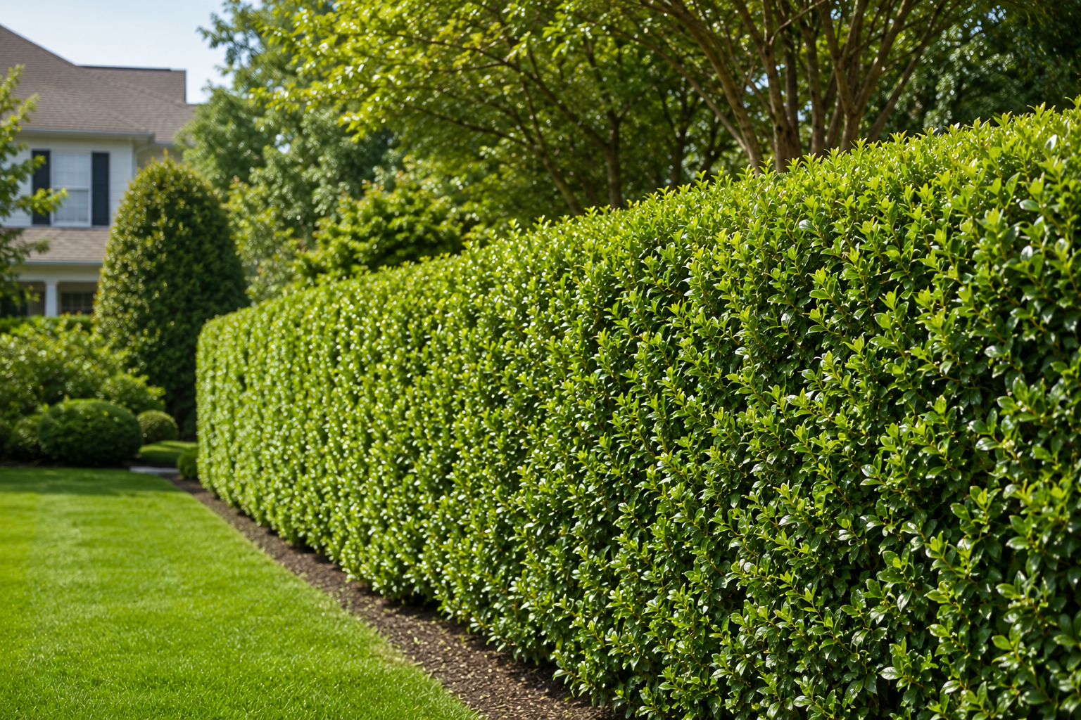 Sunny suburban garden with lush hedge