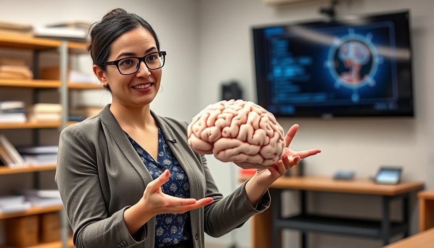 Confident woman with brain model discussing brain health indoors.