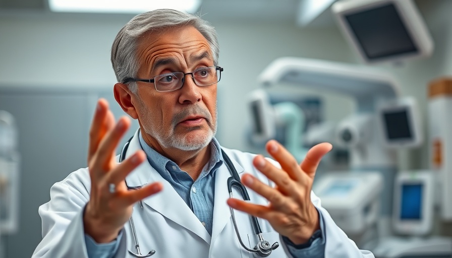 Middle-aged doctor talking with concern in a hospital room.