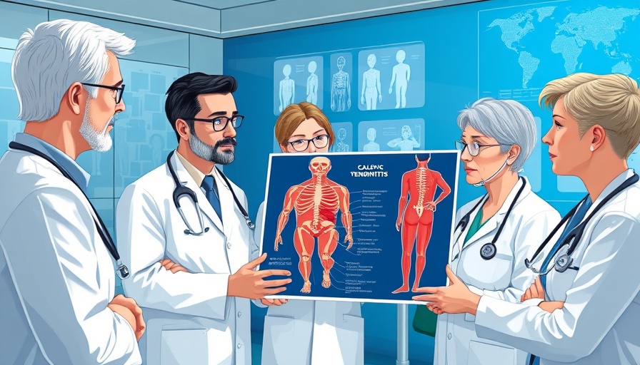 Doctors discuss calcific tendinitis symptoms with an anatomical illustration.