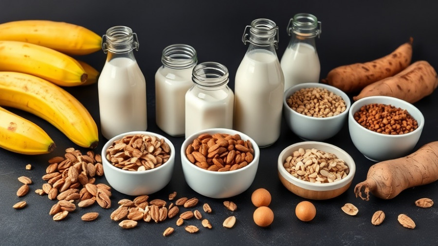 Assorted probiotic and prebiotic foods on a dark surface, highlighting natural ingredients for gut health.