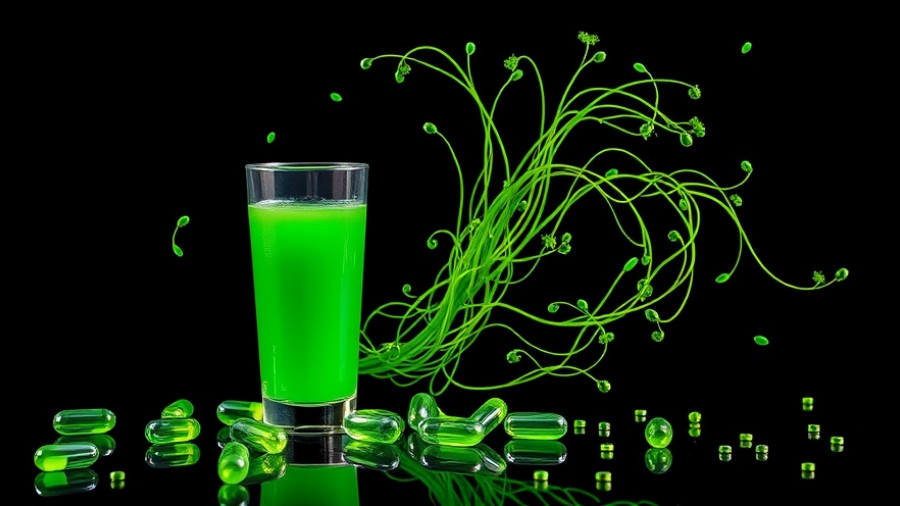 Vibrant illustration of spirulina drink and capsules highlighting nutrient-dense foods.