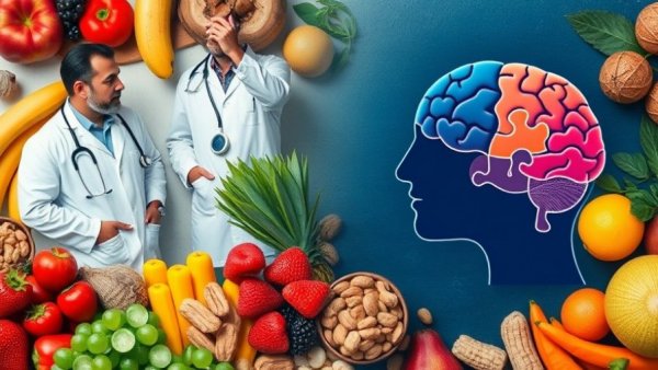 Foods to reduce risk of dementia discussed by doctors with food collage and brain graphic.