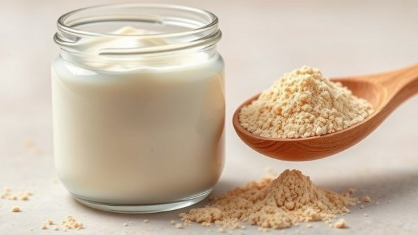 Probiotics vs Postbiotics: jar of yogurt and powder on spoon.