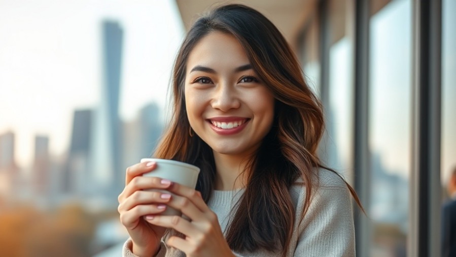 smiling woman holding coffee cup outside