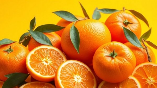 Vibrant oranges illustrating Vitamin C immune support on yellow background.