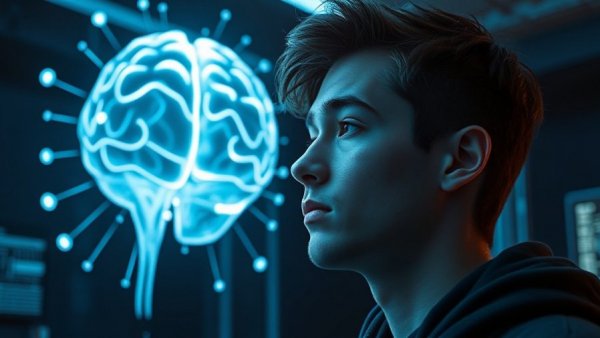 Young man contemplating floating brain hologram, dopamine overload context.
