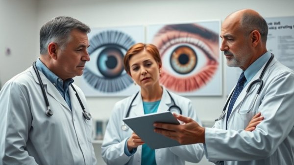 Doctors discussing blood in the eye dangers with close-up eye illustration.