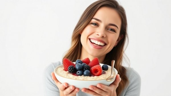 Benefits of Eating Oatmeal Every Morning; woman with oatmeal and berries.