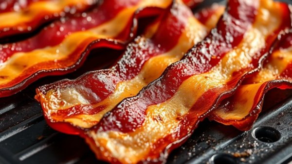 How Much Cancer Does Processed Meat Cause? Sizzling bacon frying, detailed close-up.