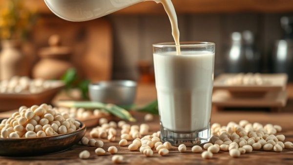 Creamy soy milk in a glass with soybeans on table, nutritious non-dairy milk.
