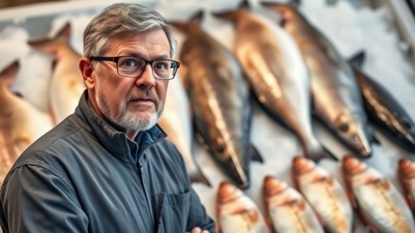 Expert discussing pollutant levels in fish, educational image backdrop.
