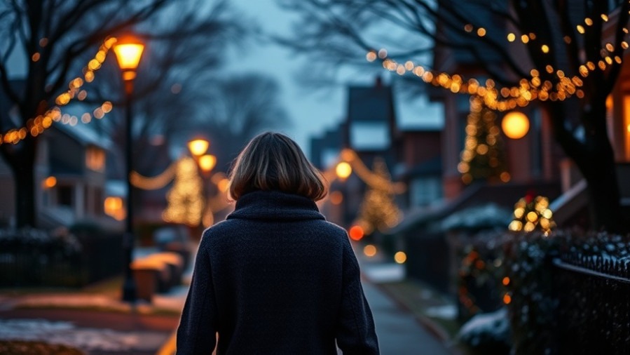 woman taking evening walk in neighborhood on Christmas Eve to relax
