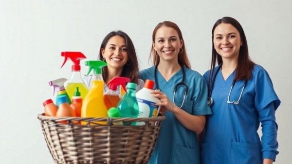 Healthcare professionals with toxic cleaning items; Everyday Items Harming Your Health warning.