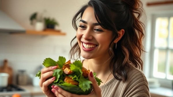 Young woman in kitchen eating fresh salad, soft lighting.