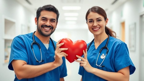 Doctors discussing healthcare with heart symbol, holiday reminders.