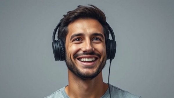 Smiling man with headphones discussing the healing power of laughter.