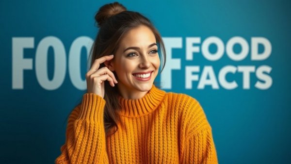 Thoughtful woman with 'Food Facts' text, blue background.