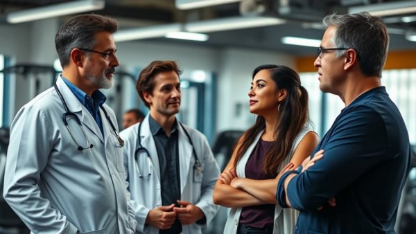 Doctors and elderly woman in gym, discussing health and fitness.