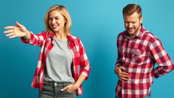 Fix Leaky Gut problem concept with woman and man holding stomach.