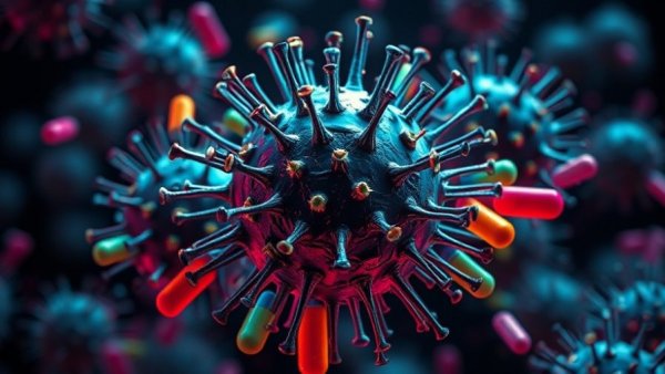 Illustration of antimicrobial resistance with colorful bacteria and antibiotics.