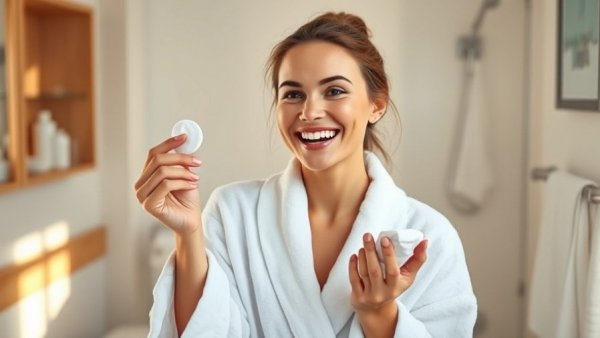 Woman applying natural moisturizer in bathroom.