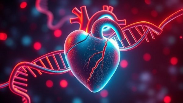 Futuristic heart with CRISPR DNA in sci-fi setting for gene therapy.