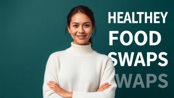 Confident woman promoting healthier food swaps against teal background.