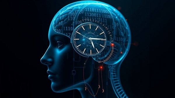 Futuristic human head with a clock in the brain representing Proteomic Clocks.