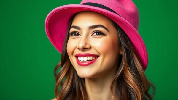 Smiling young woman wearing a pink hat on green background