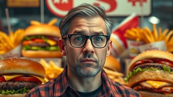Concerned man analyzes ultra-processed foods with burgers and fries.