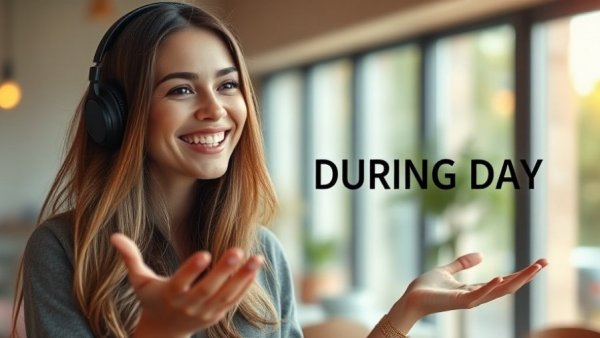 Importance of Sunlight in Our Eyes: Woman indoors gesturing, headphones on.